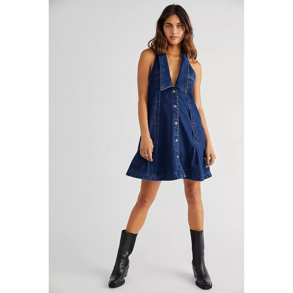 Free People Katie dark mid wash Denim button front Mini Dress Size Small